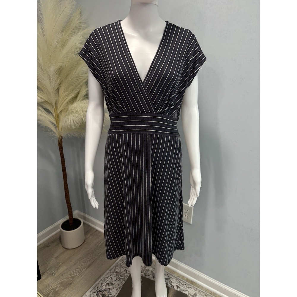 Cato Women's Pinstripe Navy Blue Faux Wrap Midi Dress V-Neck Modest M